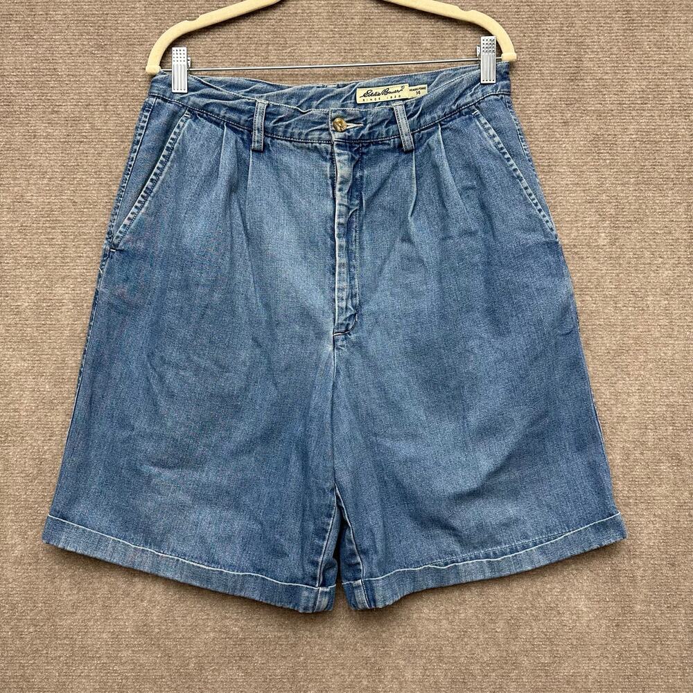 Vintage Eddie Bauer Pleated Denim Shorts High Waisted Cuffed Mom Jorts Blue 14
